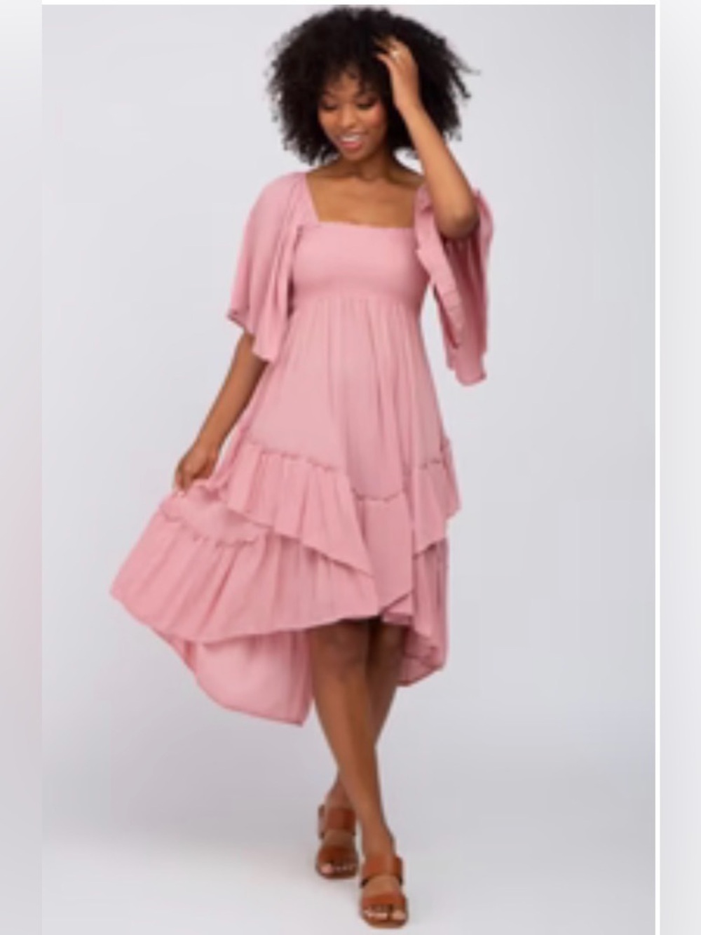 Maternity Square-Neck Ruffle Hi-Low Midi Dress in Dusty Rose